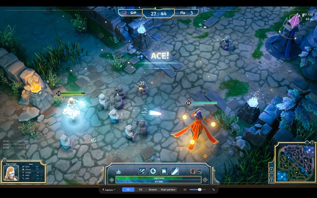 Screenjack full screen on a Mac, showing a game from a console: a top-down battle arena with a match timer, a minimap, and an ability bar, and the Screenjack control bar along the bottom edge of the display.