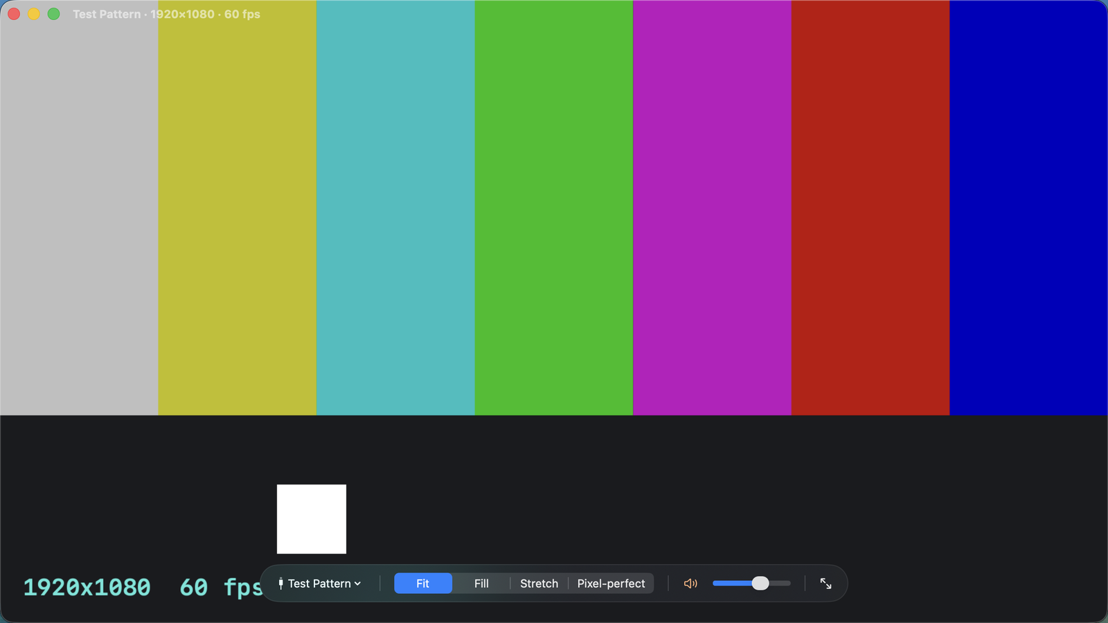 The Screenjack window showing the built-in test pattern: seven color bars over a dark field with the resolution and frame rate printed in the corner.